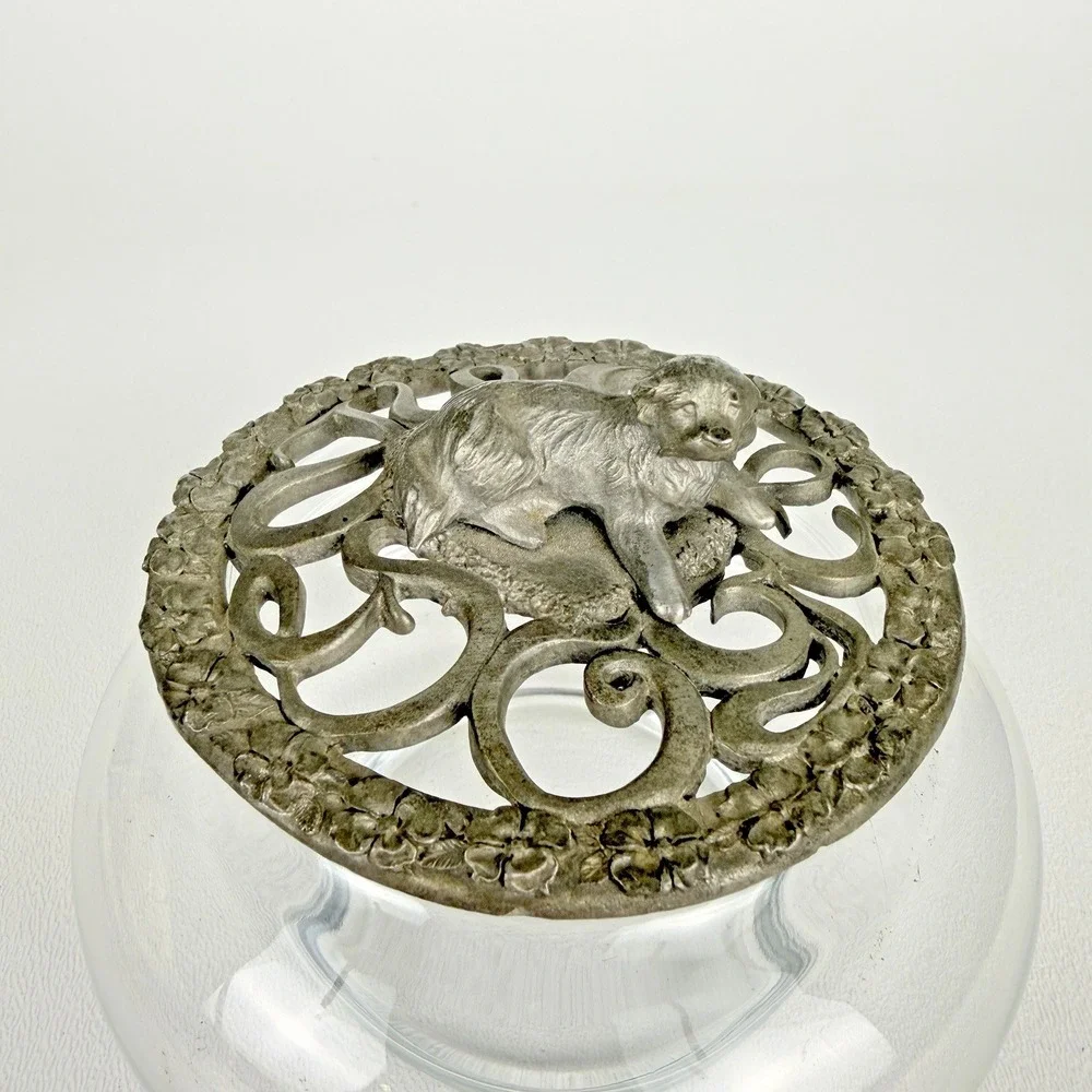 Rawcliffe Pewter Puppy Dog Glass Trinket Box Covered Dish 1989